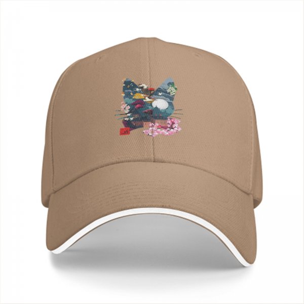 Black Baseball Cap With Cat Silhouette Cherry Blossom Landscape Art