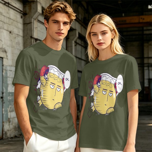 Oversized Olive T-Shirt with Saitama 'OK' Anime Graphic Print