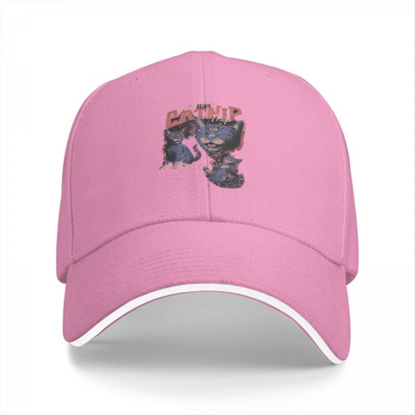 Black baseball cap with 'My First Catnip' and cat graphic print