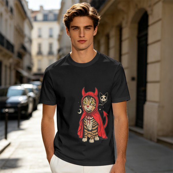 Olive T-shirt with a tabby cat in a devil hood and skull cat graphic