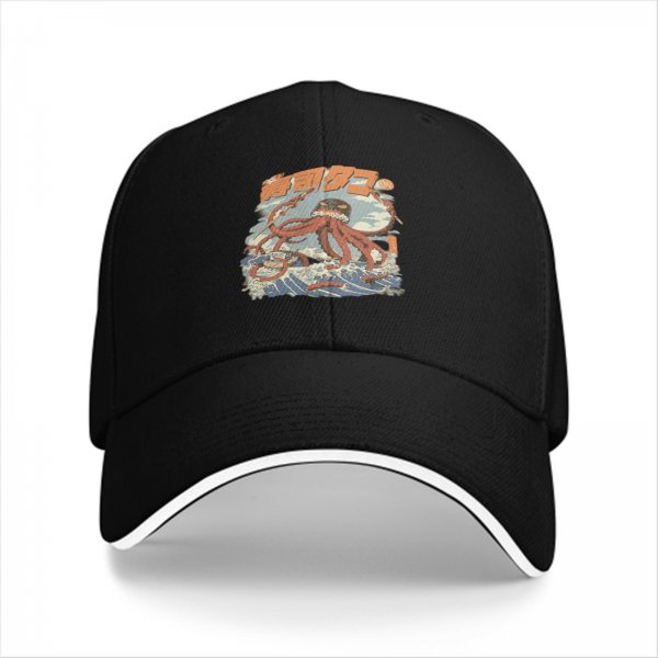 Black baseball cap with giant octopus attacking ocean waves graphic