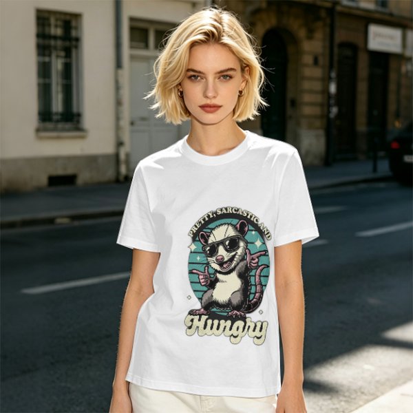 Olive graphic tee with sarcastic hungry opossum in sunglasses
