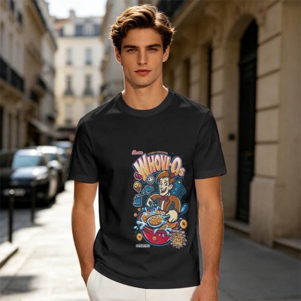 Olive t-shirt with Doctor Who themed Whov-Os cereal print
