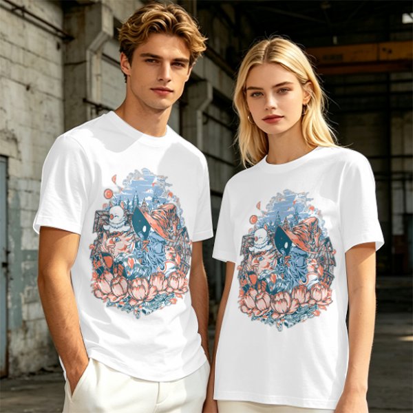 Olive T-Shirt with Whimsical Fantasy Character and Floral Art Print