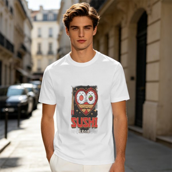 Olive T-Shirt With Cute Sushi Heart Graphic That Says I Love Sushi