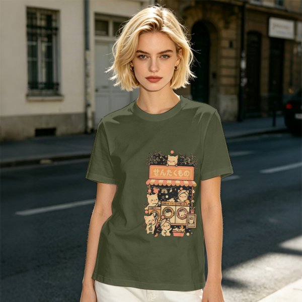 Olive T-Shirt With Cute Cats Doing Laundry Graphic