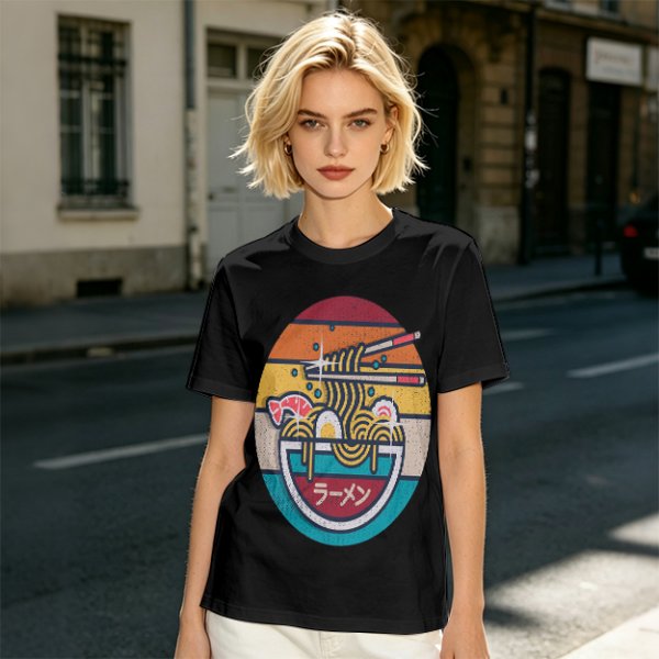 Olive T-shirt with Retro Ramen Bowl Chopsticks Graphic