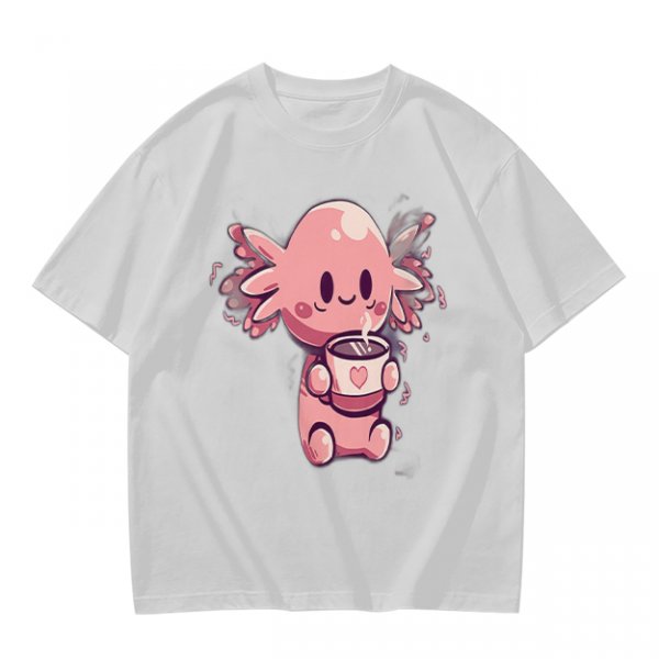 Olive T-Shirt With Cute Axolotl Holding Hot Drink Print