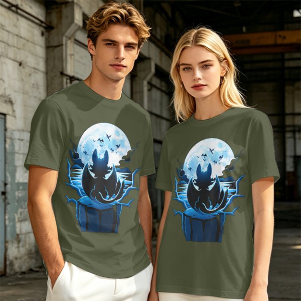 Olive T-Shirt Featuring Dragon Silhouette Under Full Moon