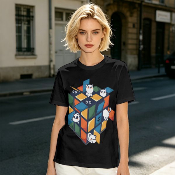 Olive T-Shirt With Cute Cats On A Rubik's Cube Graphic