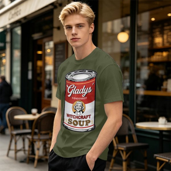 Olive T-Shirt With Gladys' Witchcraft Soup Can Graphic