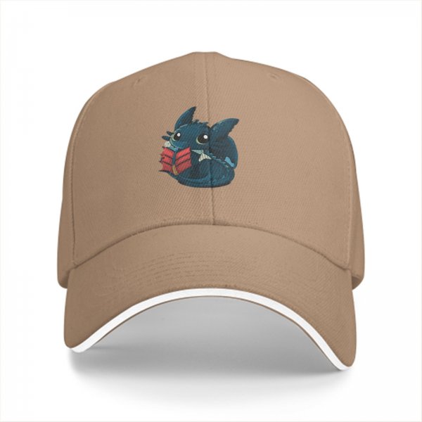 Black baseball cap with cute dragon reading a book graphic
