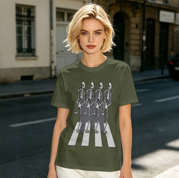 Olive T-Shirt With Skeletons Crossing Abbey Road Style Crosswalk Print
