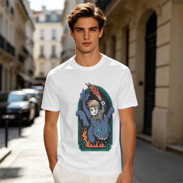 Olive T-shirt with How to Train Your Dragon Toothless and Hiccup Print