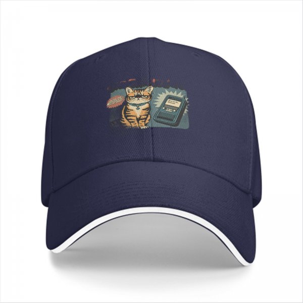 Black baseball cap with retro grumpy tabby cat and old mobile print