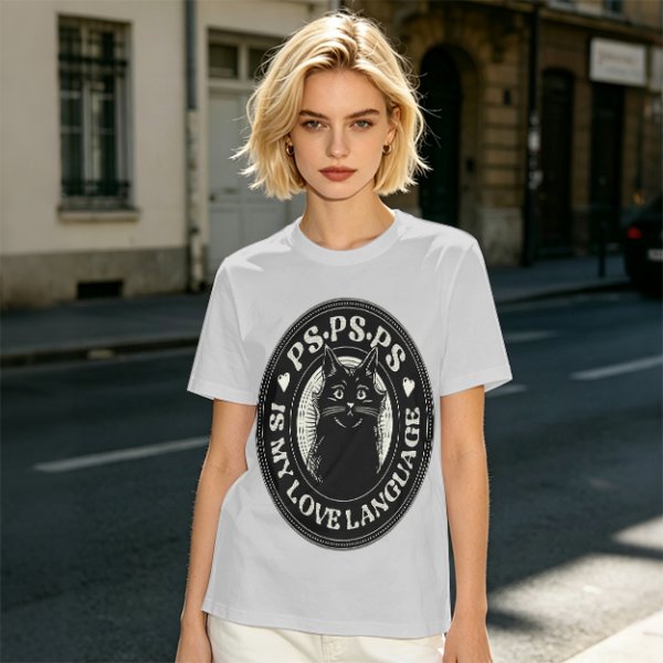 Olive cat graphic t-shirt with 'PS PS PS is my love language' print