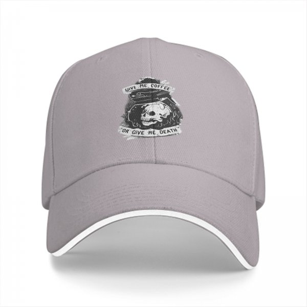 Black baseball cap with 'Give Me Coffee Or Give Me Death' skull graphic