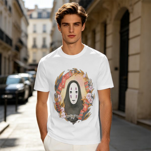 Spirited Away No-Face Graphic Tee with Cherry Blossoms and Lanterns