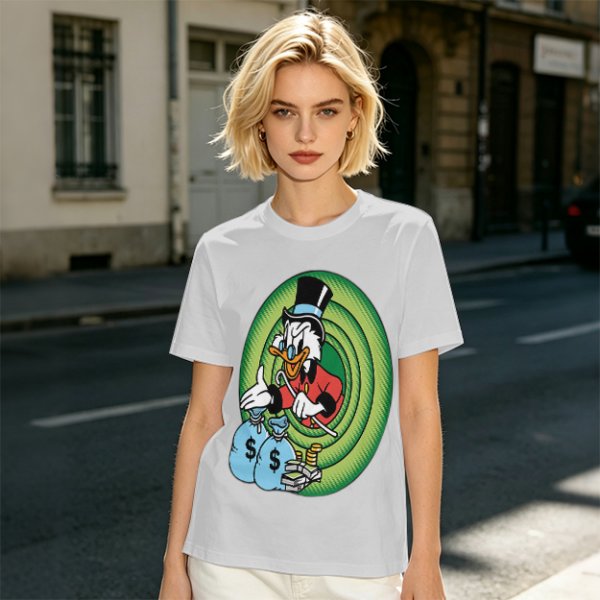 Olive T-Shirt Featuring Scrooge McDuck with Money Bags and Coins