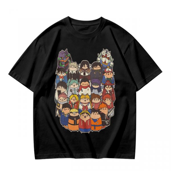 Olive T-shirt with cute chibi anime character group print