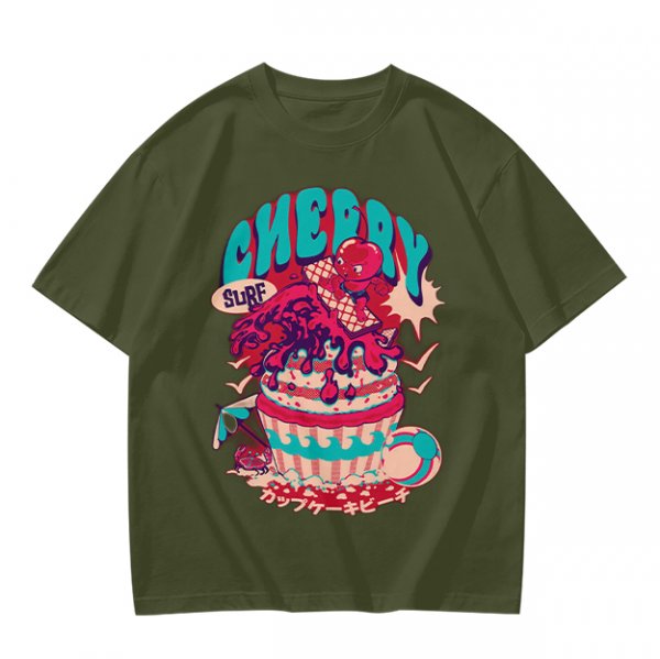 Olive T-shirt with Cherry Surf Cupcake Beach Graphic Print