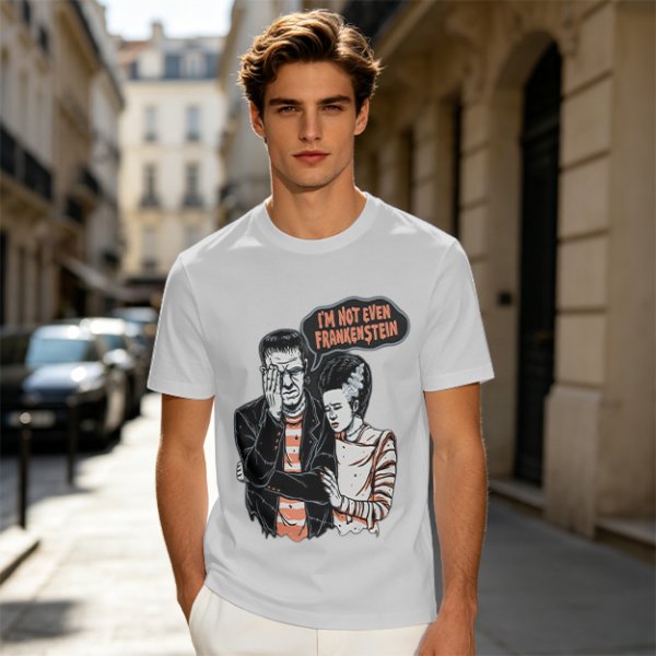 Olive T-shirt with Frankenstein and Bride 'I'm Not Even Frankenstein' Print