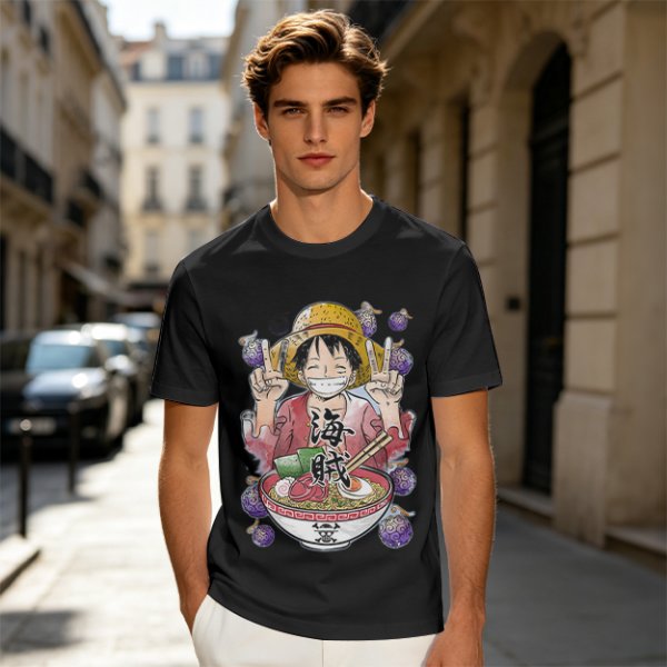 One Piece Luffy Ramen Peace Sign Anime Graphic T-Shirt