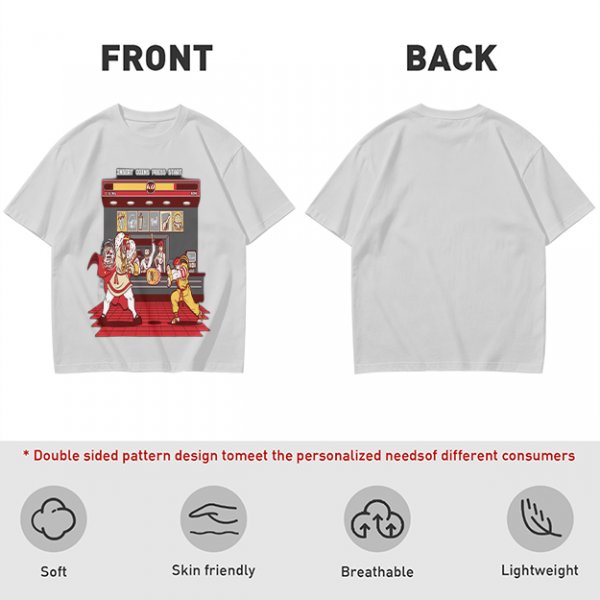 Olive T-shirt with Fast Food Themed Street Fighter Style Fight Artwork