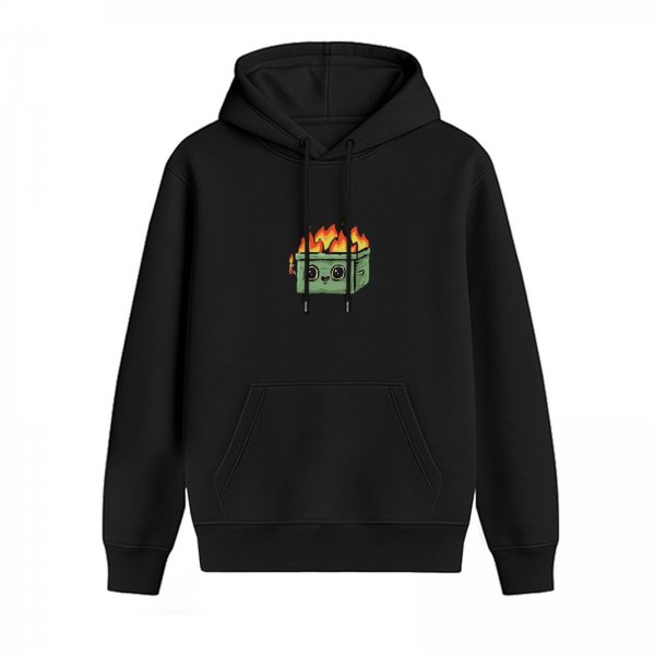 Black Hoodie With Cute Burning Dumpster Graphic