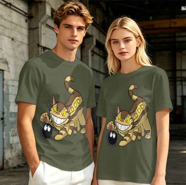 Olive T-shirt with Catbus and Soot Sprite Anime Print
