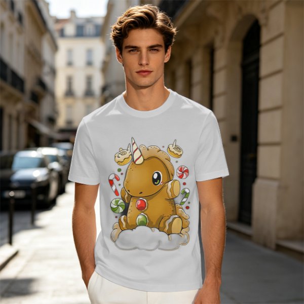 Olive T-Shirt With Cute Gingerbread Unicorn And Christmas Candy Print