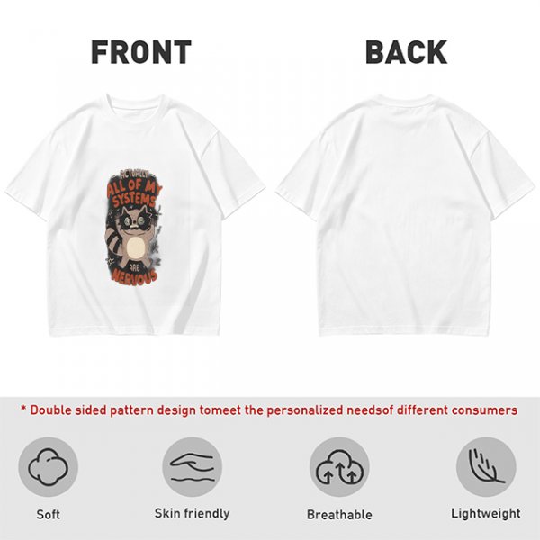 Olive graphic t-shirt with nervous raccoon and 'all of my systems nervous' text