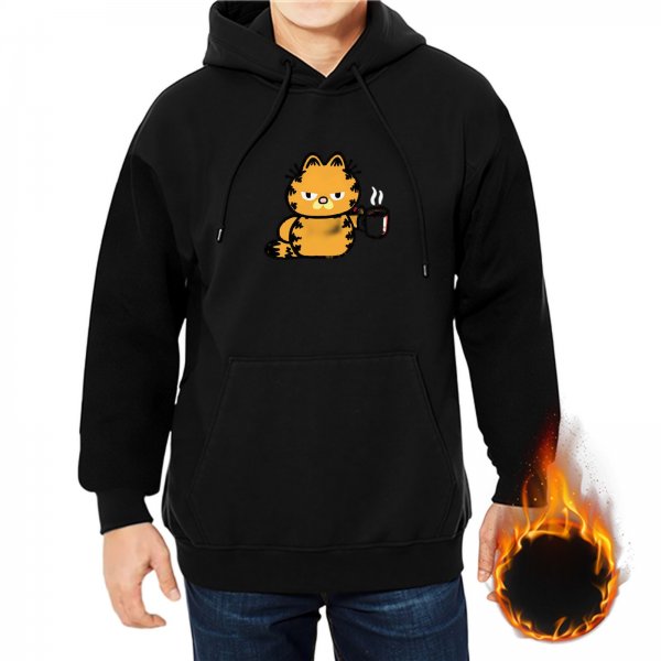 Black hoodie with grumpy orange cat holding a coffee mug