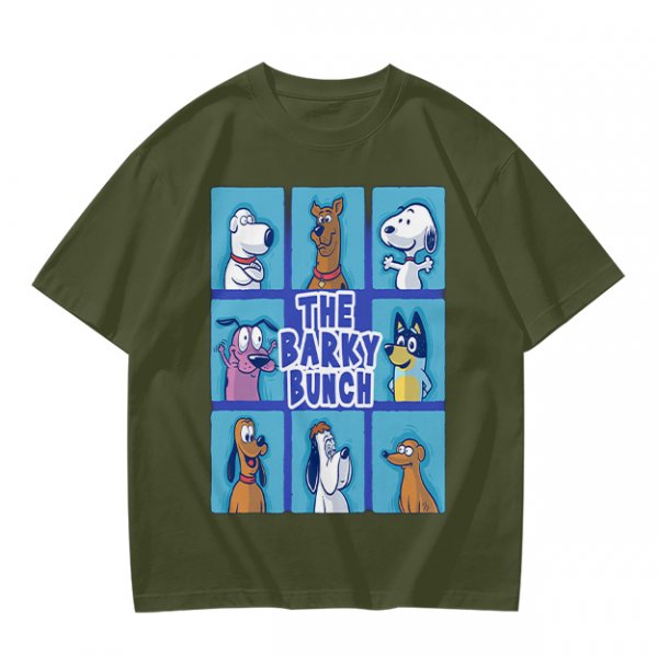 Olive green t-shirt with The Barky Bunch cartoon dog graphic
