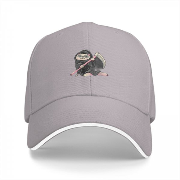 Black baseball cap with a cartoon grim reaper sloth graphic
