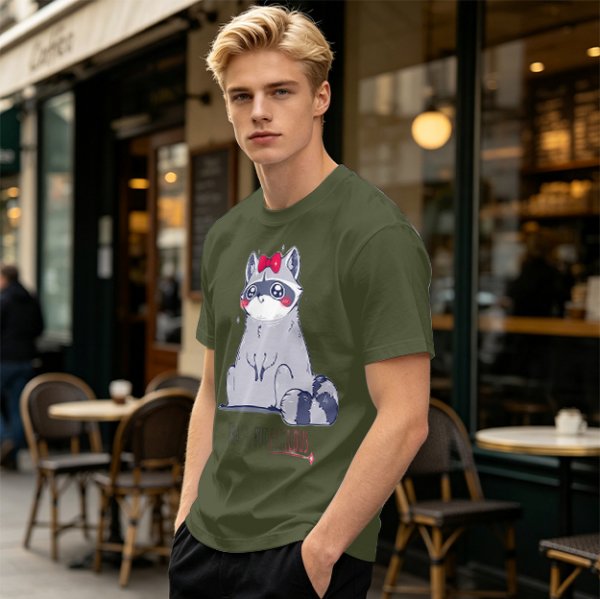 Olive T-shirt with Cute Raccoon Wearing Red Bow Graphic