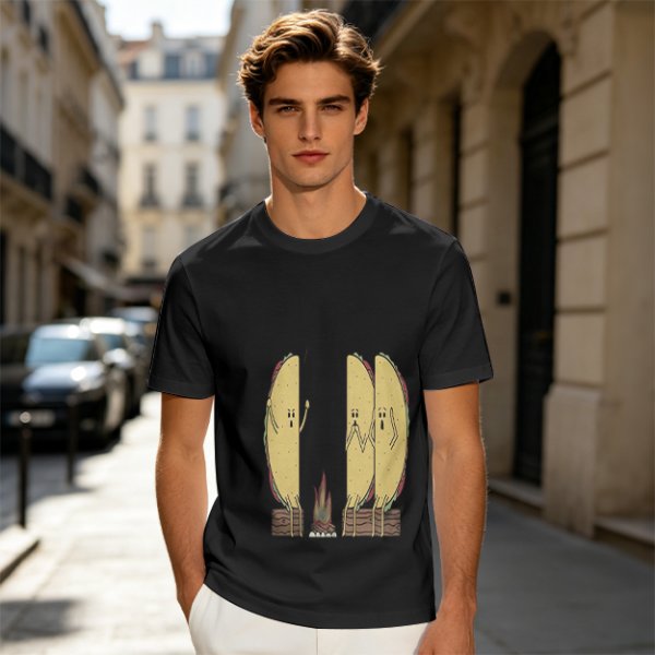 Olive T-Shirt With Funny Taco Characters Around A Campfire
