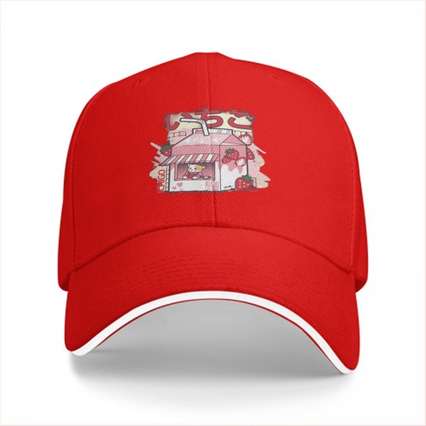 Black baseball cap with cute strawberry milk carton cat graphic