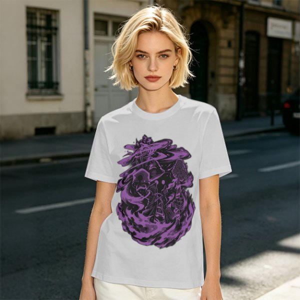 Olive Green T-Shirt with Purple Abstract Swirling Graphic Print