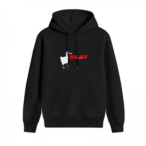 Black hoodie with a goose graphic and red text design