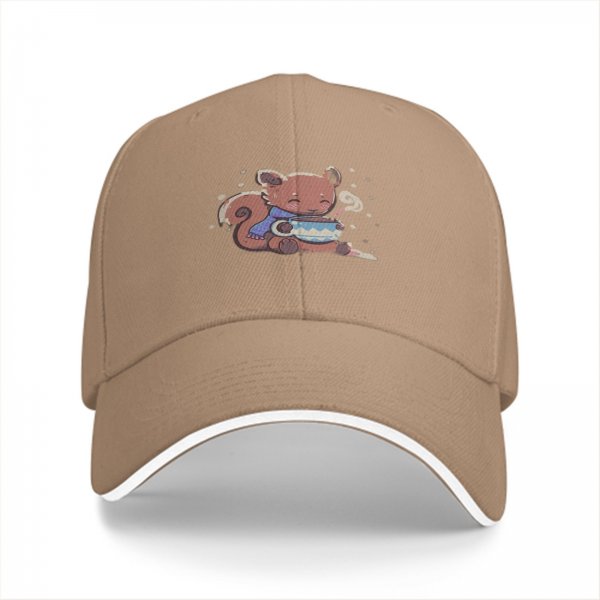 Black baseball cap with cute squirrel holding a steaming tea cup