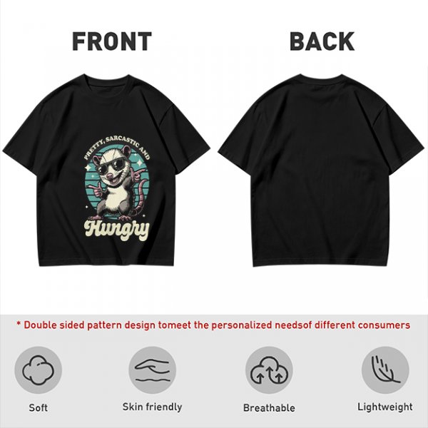 Olive graphic tee with sarcastic hungry opossum in sunglasses