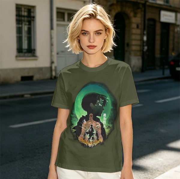 Attack on Titan layered silhouette graphic olive t-shirt