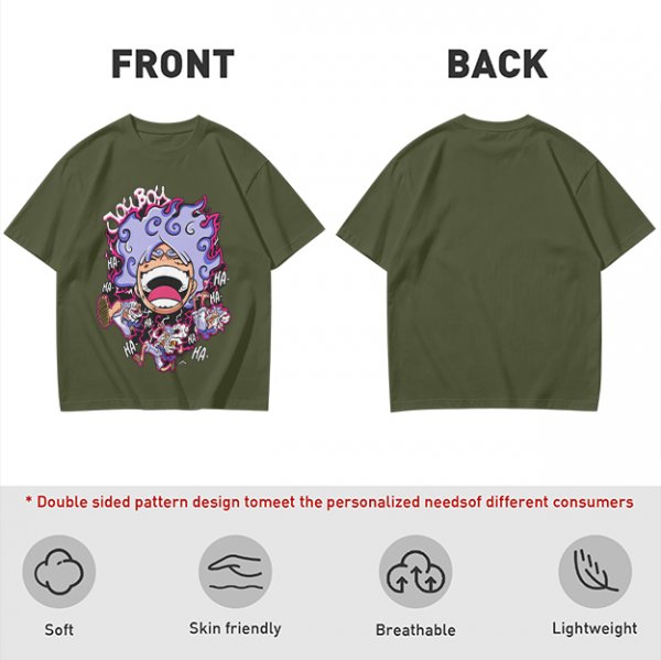 Olive T-shirt with Joyboy Gear 5 Luffy Laughing Anime Print