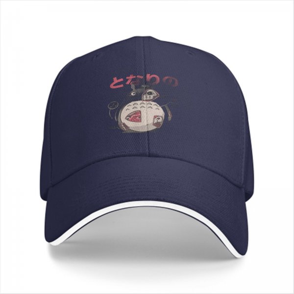 Black baseball cap with stylized Totoro graphic and Japanese text