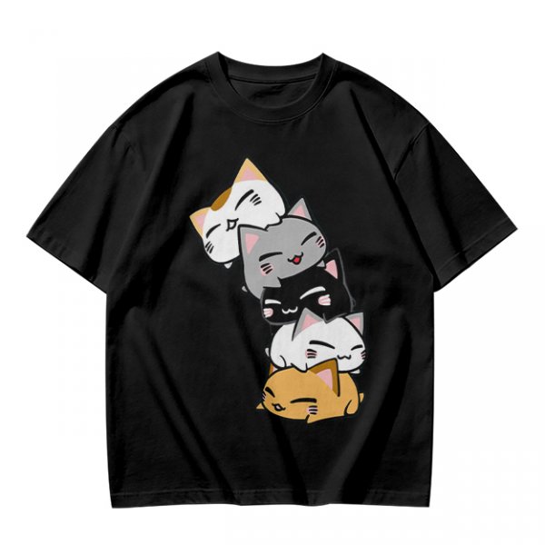Olive T-Shirt With Stacked Cute Chibi Cats Graphic
