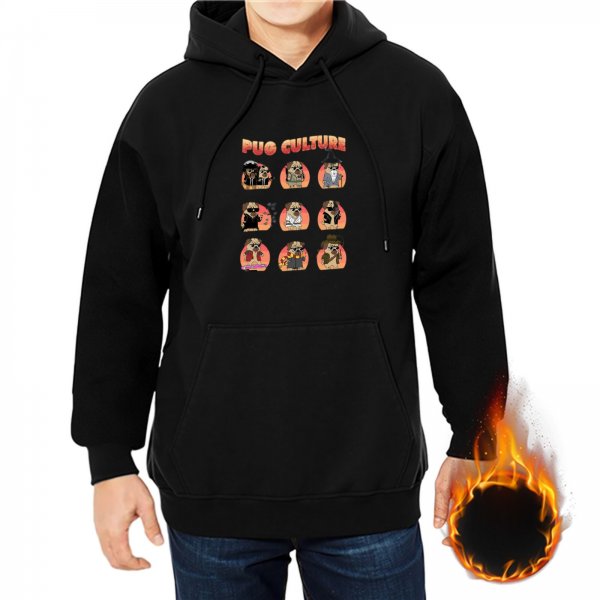 Black Hoodie With Pug Culture Themed Graphic Print