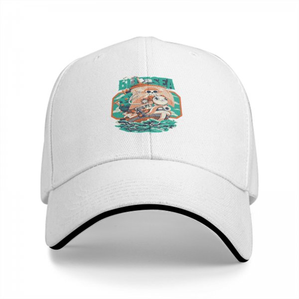 Black Baseball Cap with Blue Sea Pirate Ship Graphic Print