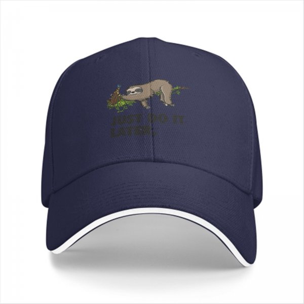 Black baseball cap with sloth graphic and 'Just Do It Later' text
