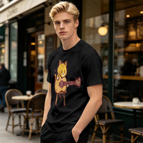 Olive T-shirt with Cute Orange Cat Playing Guitar Graphic